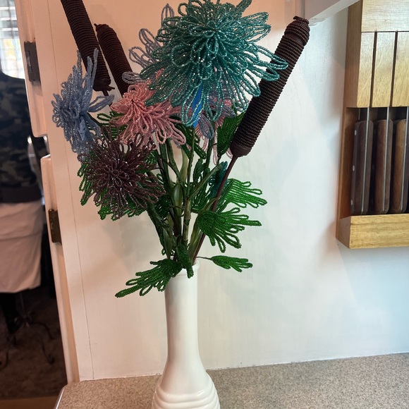 Vintage Antique French Beaded Flowers Floral arrangement bridal bouquet Cattails - Picture 14 of 15